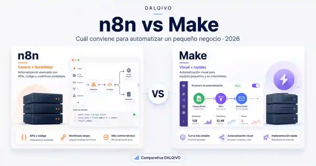 Comparativa DALQIVO: n8n vs Make en 2026 para automatizar un pequeño negocio