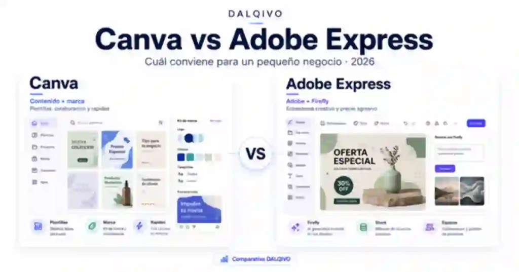 Comparativa DALQIVO de Canva vs Adobe Express en 2026 para pequeños negocios