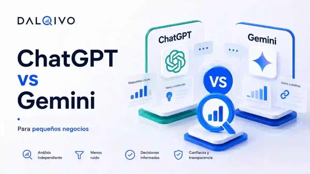 Comparativa visual DALQIVO de ChatGPT y Gemini para pequeños negocios en 2026.