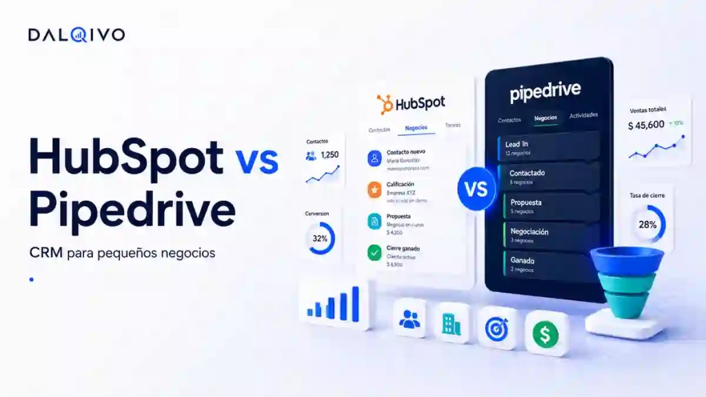 Comparativa visual DALQIVO de HubSpot y Pipedrive para CRM de pequeños negocios en 2026.
