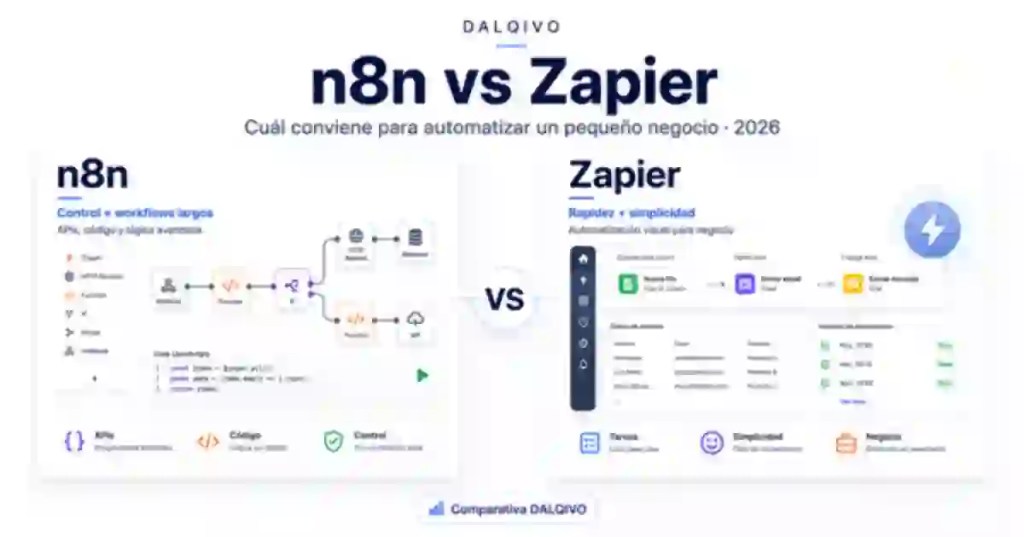 Comparativa DALQIVO de n8n vs Zapier en 2026 para automatizar un pequeño negocio