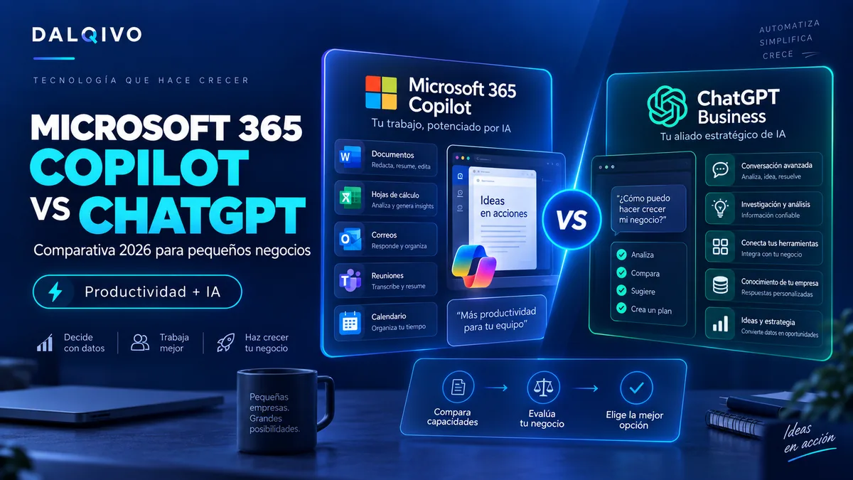 Comparación entre Microsoft 365 Copilot y ChatGPT Business para pequeñas empresas en 2026.